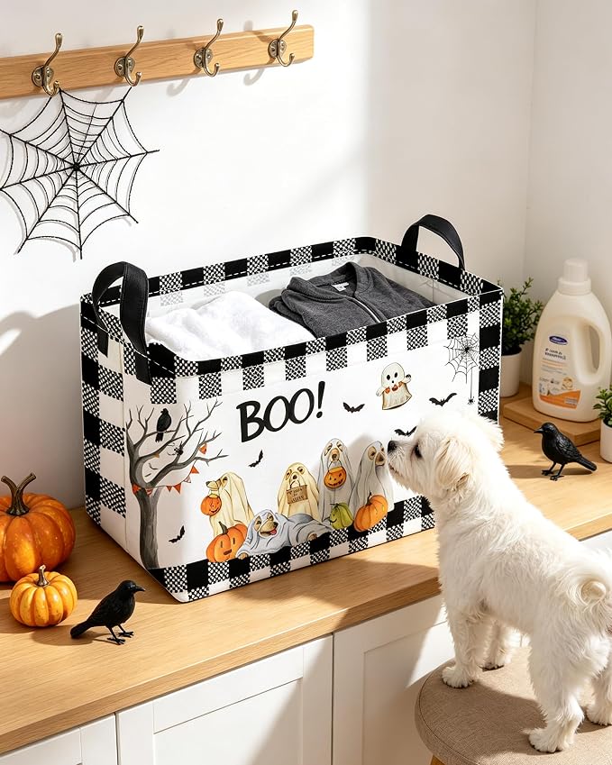 Essme Rectangular Dog Helloween Basket,Kids Storage Bins Organizer with Handles for Girls Room Decor, Gift Basket,Shelf Basket.(Dog Helloween)