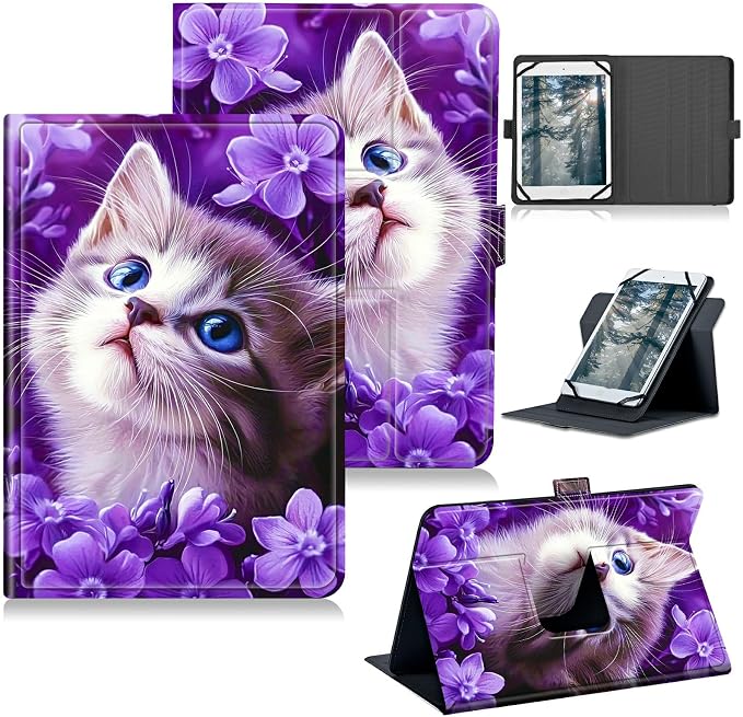 Universal Case for T-Mobile Revvl Tab 2 10.1" Model:9185W 2025/Revvl Tab 5G 10.36" 2023, 360 Degree Rotating Kickstand Protective Stand Leather Shell Cover for 9"-10.5", Purple Cat Flower