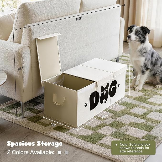 Dog Toy Basket with Lid, 3 Compartments Dog Basket for Toys, Dog Toy Box with 2 Removable Dividers, Collapsible Storage Bins for Dog Toys, Dog Storage Organizer, Beige