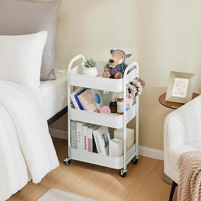 3-Tier Rolling Utility Cart with Caster Wheels,Easy Assembly, White | Easy Assembly, multi-purpose storage trolley for kitchen, rolling cart with smooth caster wheels for bathroom