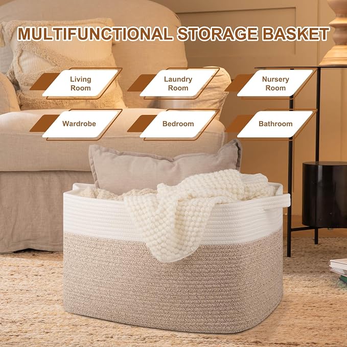 OIASKET Blanket Basket for Living Room, Cotton Rope Basket for Storage, Toy Baskets Bin for kids, Woven Baskets with Handles for Clothes, Towels, Pillows, 20" x 16" x 12", Brown and White