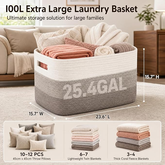 Cotton Rope Laundry Basket Extra Large, 25.4GAL Collapsible Woven Storage Baskets for Living Room Kids Toys Stuffed Animal,Boho Rectangular Decorative Hamper for Dirty Clothes Blankets Gradient Brown
