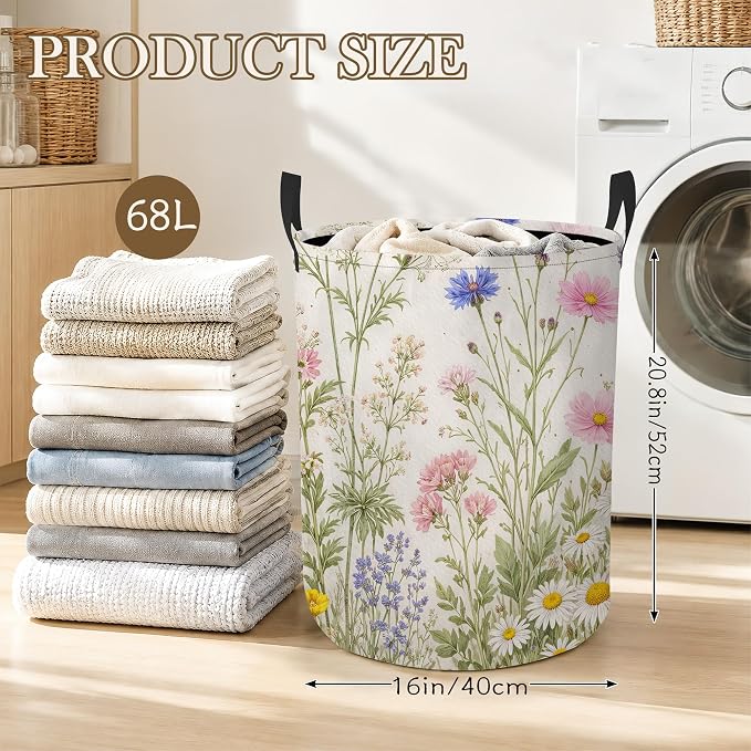Flower Herbs Laundry Basket Oxford Cloth Wild Plant Laundry Hamper With Handle Foldable Portable Clothes Storage Basket Storage Bag For Laundry Room/Bathroom/Bedroom/Dormitory 20.8"x16"