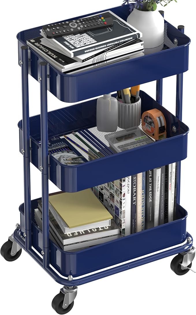 Simple Houseware 3-Tier Utility Cart, Low 24" Height Fits Under Desk, Navy | Compact & Lower Height Great for Under-Desk Space-Saving Storage for Home Office, Dining Room, or Kitchen