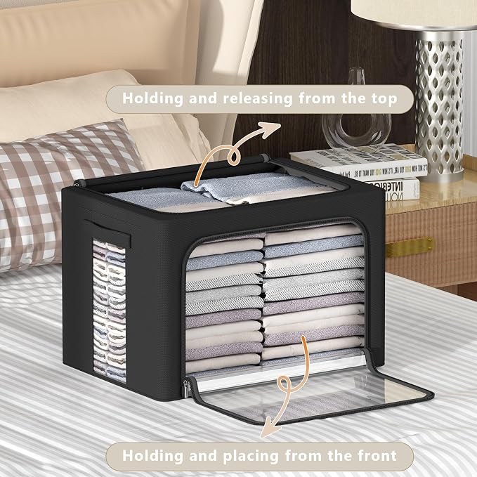 CYhom 3Pack Frame Storage Box - Clothes Storage Bin Bags Oxford Fabric Foldable Stackable Container Organizer Set with Clear Window & Carry Handles (Black, Small-22L)