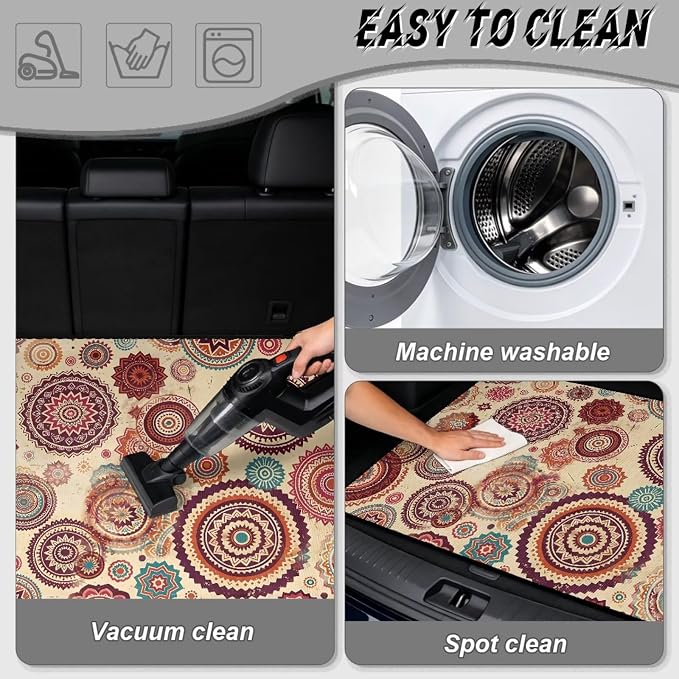 Howilath Heavy Duty Car Trunk Mat All Weather Non-Slip Vintage Boho Mandala Rear Trunk Mat Durable Polyester Carpet Auto Interior Accessory