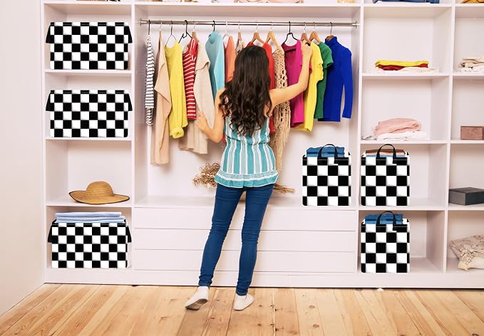 Rectang Checkered Flag Storage Basket Gift Shelf Basket Storage Bin, Nursery Basket Organizer Box for With Handles for Room Deco