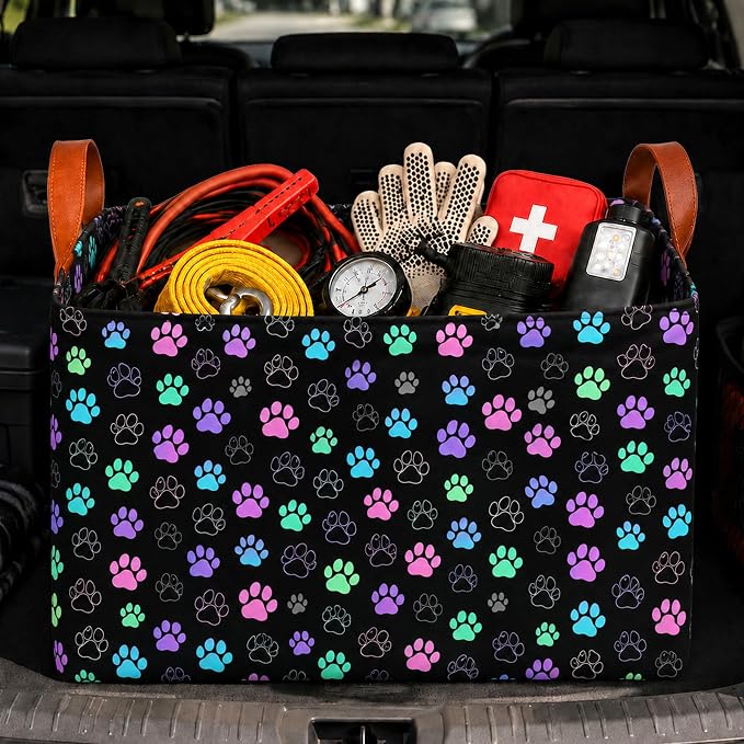 Dog Paw Car Trunk Organizer 20L Fold Auto Storage Basket with Handles | Waterproof Reusable Shopping Grocery Bags for SUV Truck, Paw Print Cars Boot Organizer Gifts for Women Men Drivers