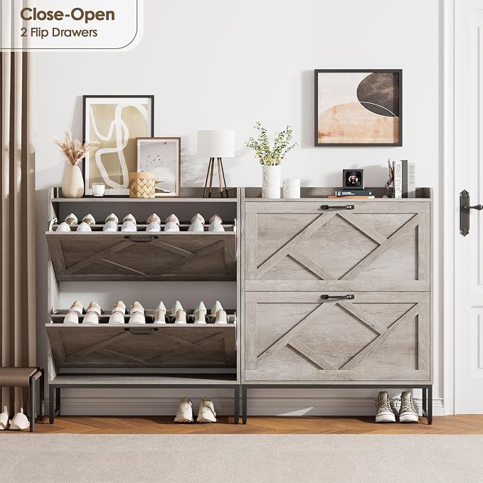 Shoe Storage Cabinet with 2 Flip Drawers, Entryway Organizer, Gray | Slim Shoe Cabinet with Metal Legs, Narrow Farmhouse Shoe Organizer for Entryway, Foyer, Hallway, Wood Shoe Rack with Hook