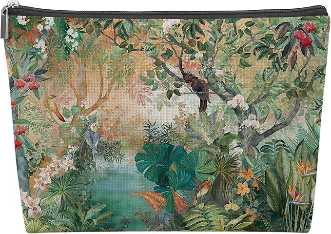 Green Tropical Jungle Animal Empty Mahjong Tile Bag 13x7.8 Inch | Nature Forest Printed Portable Travel Case Organizer Zipper Pouch for American Mahjong Tiles Game Night Accessories and Gifts