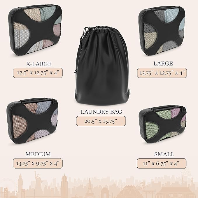 Shacke 5 Set Packing Cubes for Travel with Laundry Bag (Pure Black) | Suitcase Organizer Bags Set: 4 Water-Resistant Luggage Cubes, XL to Small, + Laundry Bag for Carry-On or Checked