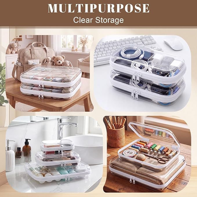 15 Pack Clear Hard Shell Zipper Case with 40 Labels, X-Large/Medium/Small Stackable Clear Pouches, Crush-resistant Travel Toiletry Bag Organizer for Makeup Board Games Electronics (White)