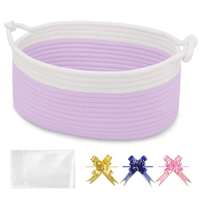 Small Empty Gift Basket with Bag & Ribbons, White & Purple | 12“x8”x5”, Cotton Rope Woven Basket for Birthdays, Baby Showers, Mother's Day, Christmas; Stores Small Items, Kids & Pet Toys