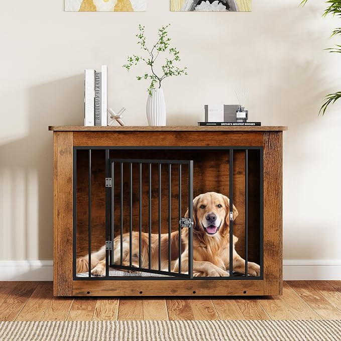 DWVO Dog Crate Furniture, 38" Dog Kennel Indoor Furniture End Table for Dog | Farmhouse Decorative Wooden Cage, Chew-Resistant, Rustic Brown