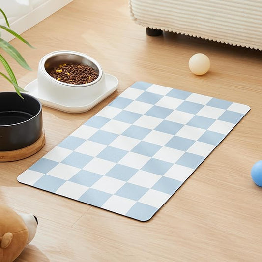 Ralxion Checkered Dog Feeding Mat, Absorbent Mats for Dog Food and Water Bowl, Dispenser, Retro Aesthetic Light Blue Checkerboard Pet Placemat for Dogs, Cats, Puppy Accessories, 16" X 24”