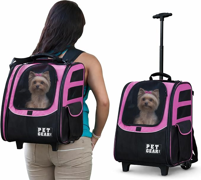 Pet Gear I-GO2 Roller Backpack, Large Traveler, Pink Diamond | Travel Carrier, Car Seat for Cats/Dogs, Mesh Ventilation, Telescoping Handle, Storage Pouch, Included Tether
