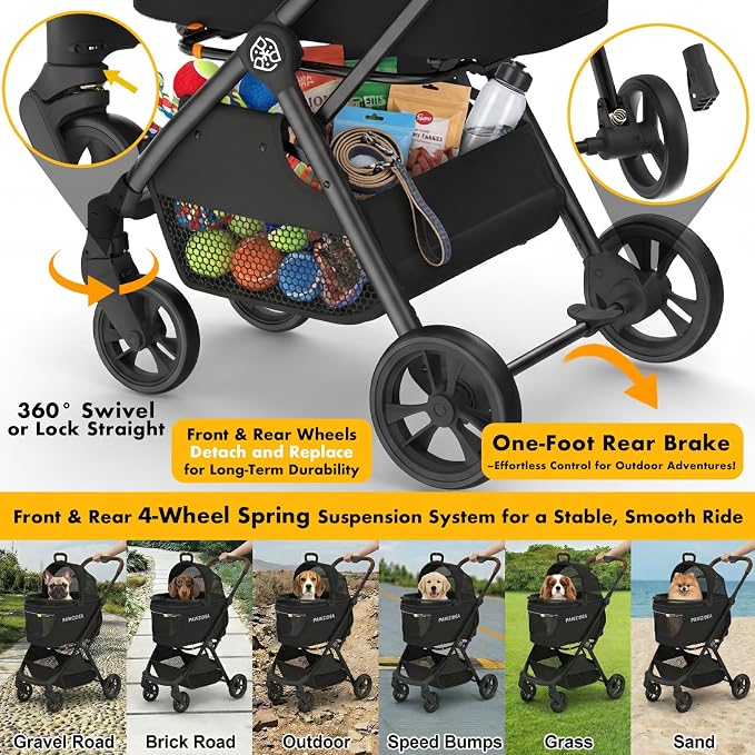PAWZIDEA Pet Stroller 4-in-1, Foldable Dog Stroller with Detachable Carrier | Escape-Proof No-Zip Canopy, Portable Travel Crate & Car Seat Combo, for Small to Medium Dogs & Cats up 33 lbs, Storage Basket