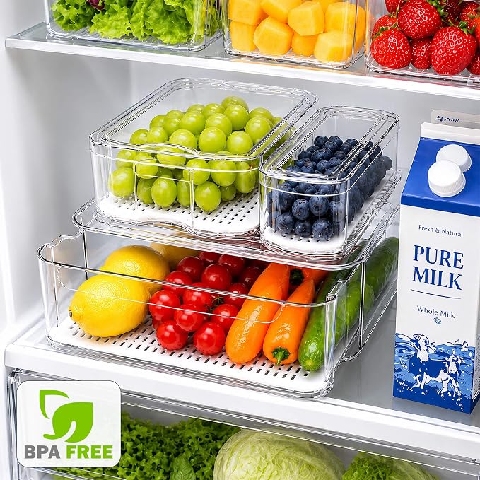 SMRCAD Clear Fridge Bins with Drain Trays - BPA-Free PET, Stackable(3 Pack) | 3 Pack: 1 Drawer + 2 lidded Bins, Helps Keep Produce Fresh, 12.5L Capacity, Hand Wash Only