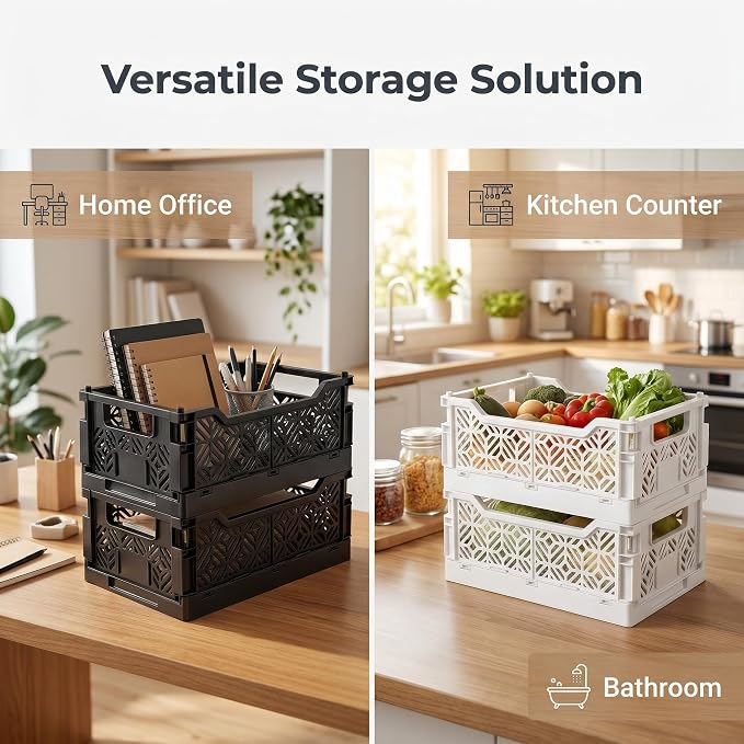 6-Pack Collapsible Plastic Storage Baskets, Stackable Bins with Label Slots | Plastic crates(12.2"x8.3"x4.7"). Fold flat to save space. Ideal for pantry, toys, office shelf organization & decluttering