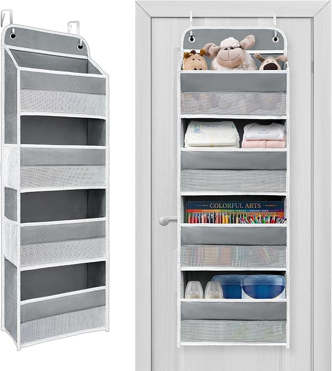 Over The Door Organizer 4 Shelves & 4 Side Pockets, Large Storage Rack | Anti-Tilt Hanging Door Storage for Closet, Heavy-Duty Mesh Shelf for Bathroom Closet Toy Organization Shoes Towels, Grey