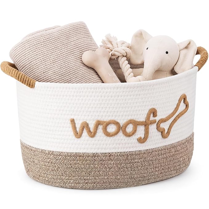 Zhehao Dog Woven Toy Basket with Handles, 15 x 11 x 9 in, White Flaxen | Cotton Rope Dog Toy Storage Bin, Pet Basket with Woof Bone Embroidery, for Puppy Bone & Blankets