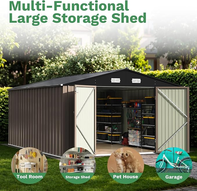 Patiowell 10x14 FT Outdoor Storage Shed, Brown | Garden Metal Shed, Lockable Doors, Sloping Roof, Large Outside Utility Tool Sheds For Backyard Garden Patio