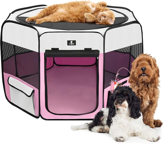 X-ZONE PET Foldable Dog Playpen, Portable Pet Play Pen for Puppy Cat, Pink | Pop‑Up Dog Playpens Indoor & Outdoor, Waterproof Dog Kennel Cage, Removable Top, Travel Camping Playpen, Medium Size