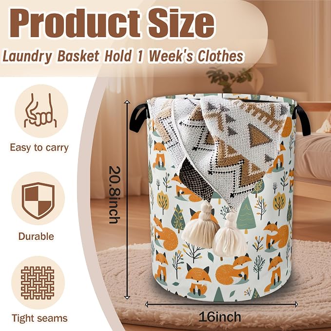 Laundry Basket Cute Fox Collapsible Laundry Baskets Waterproof Oxford Cloth With Handles,Forest Animal Laundry Hamper Clothes Storage Bucket Toy Organizer for Bathroom/Nursery/Bedroom 16" x 20.8"