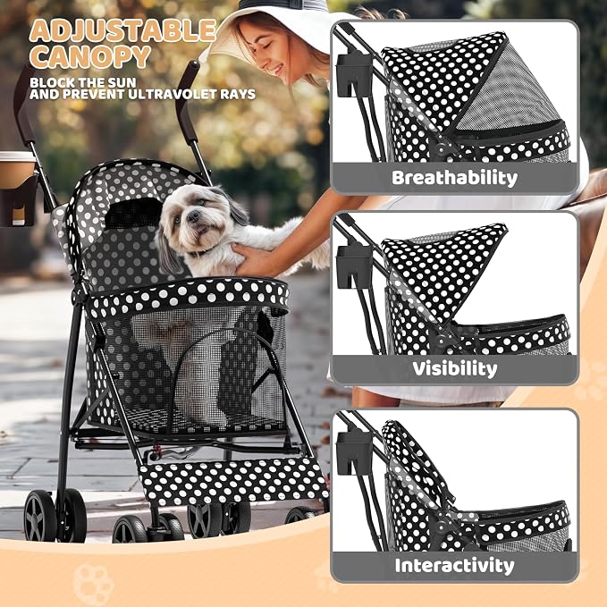 Magshion Compact Fold Pet Travel Stroller for Small Dogs Cats | Up to 22lbs, 4-Wheel Lightweight Umbrella Shaped Design, Safety Tethers, Breathable Mesh, Cup Holder & Rear Storage