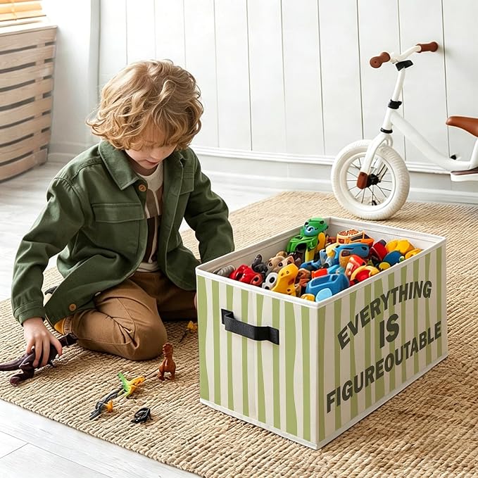 Inspirational Everything Is Figureoutable Foldable Storage Bins Box with Handles, Motivational Retro Green Striped Decorative Storage Boxes Baskets Toybox Organizer for Bedroom Bathroom