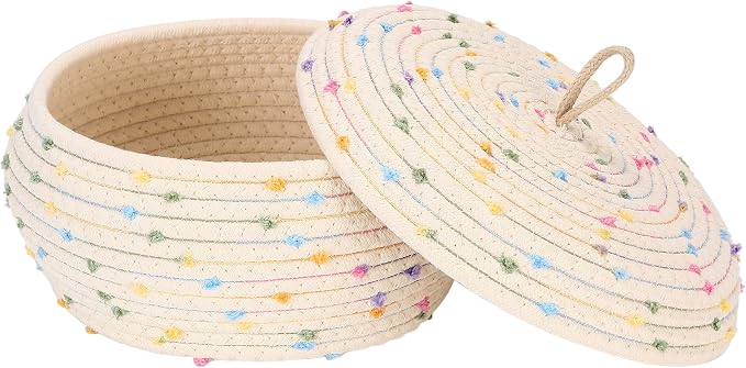 Sea Team Round Woven Cotton Rope Storage Basket with Lid, Rainbow | Decorative Colorful Pompom Knitted Storage Bin, Pot, Caddy, Organizer, Container for Snacks, Towels, Plants, 10 x 4.5 Inches