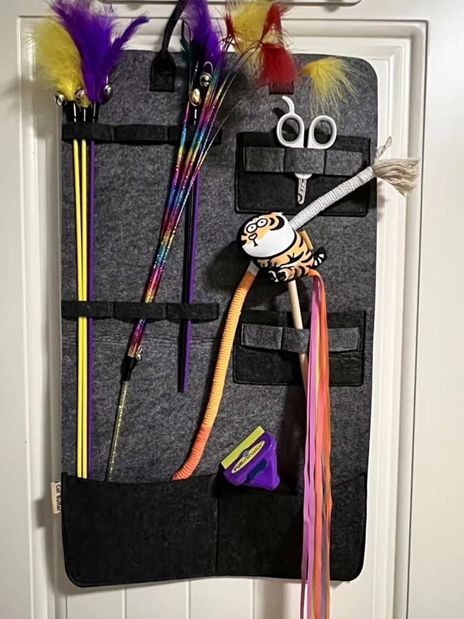Cat Toy Storage Hanging Bag, Cat Teaser Toy Wand Toy Holder Pet Storage Box Organizer(Grey)
