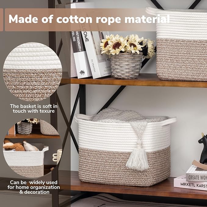 Goodpick Woven Storage Basket for Shelves, 13" x 10" x 9", Brown | Stylish Gift Basket for Home Decor, Cotton Rope Baskets for Toys, Books & Towels, Nursery & Bedroom Closet Organization