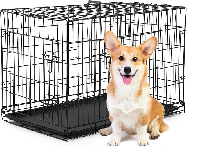 BestPet | Dog Crate | 30" | Black | Foldable Metal Kennel with Double Doors | Secure Slide-Bolt Latches, Leakproof Tray | Portable Dog Cage for Small Breeds | for Travel, Indoor & Outdoor Use