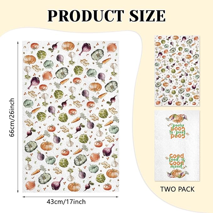 Vegetable Kitchen Towels Set of 2, Food Dish Towels for Kitchen Drying, 17x26 Inch Absorbent Dishcloths for Cleaning, Cute Garden Vegetables Dish Towels, Farmhouse Home Housewarming Gifts
