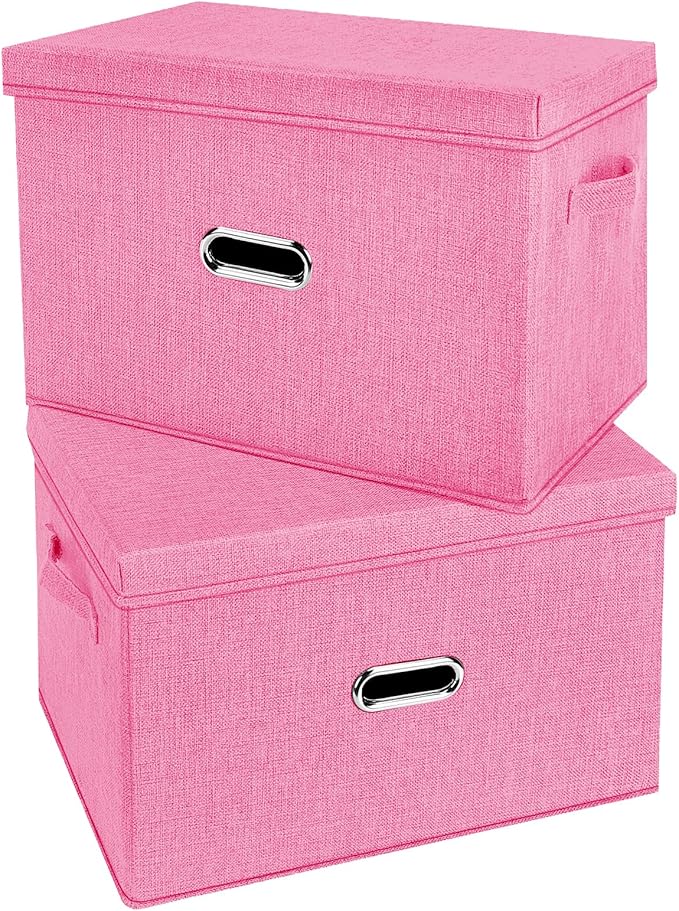 Large Linen Fabric Foldable Storage Bins with Removable Lid and Handles, Washable Storage Box Organizer Containers Baskets Cube with Cover for Bedroom,Office(Pink, XXL(2-Pack))