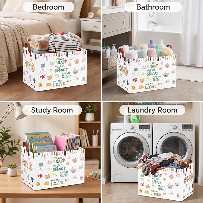 Cute Cat Toy Storage Basket,Square Toy Bin,Storage Bin for Pet Room Decor | Collapsible Nursery Storage Bin with Sturdy Handles for Clothes, Toys, Pillows, Living Room Bedroom Bathroom