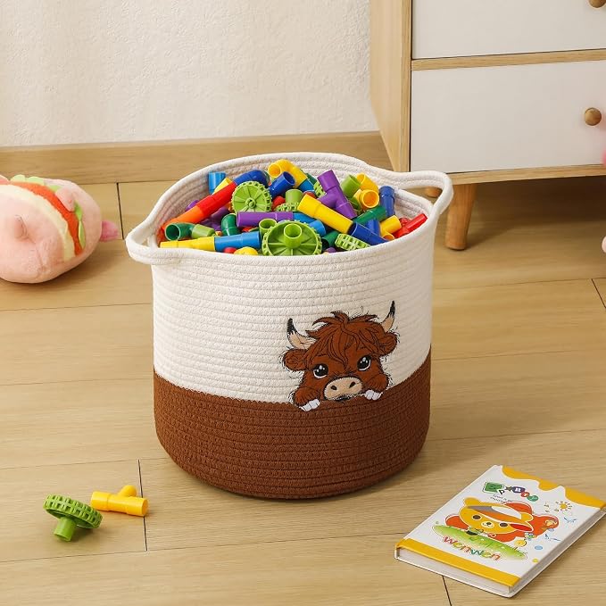 Highland Cow Cute Basket for Nursery, Woven Cotton Rope Storage Basket for Kids, Baby Blanket Organizer with Handles, Storage Basket for Blanket Towel Toys Clothes, Highland Cow Decor, Medium