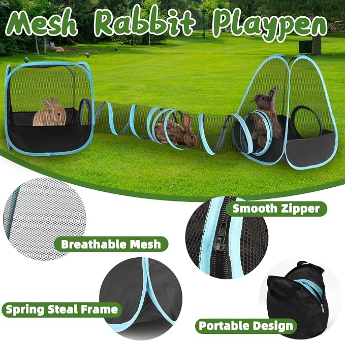 YUEPET Rabbit Tunnel & Cube Tent Set, 3-in-1 Bunny Playpen | Large Bunny Tunnels, Breathable Mesh Panels, Folds for Storage, Indoor Outdoor Enclosure for Cat Ferrets Guinea Pig