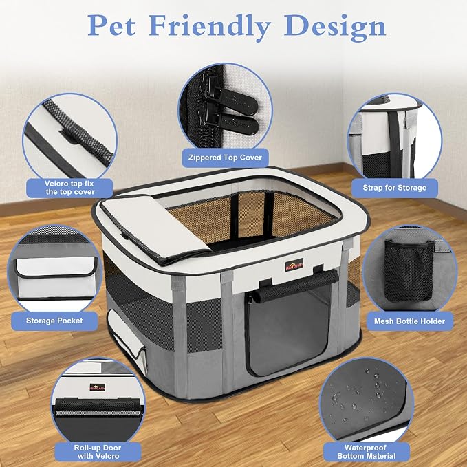 Dog Playpen, Pet Playpen, Foldable Kitten cage Puppy Play Pen, Portable Dog Kennel Tent Crate, Indoor Outdoor Travel Camping Use for Small Animals with Carrying Case (Grey M)
