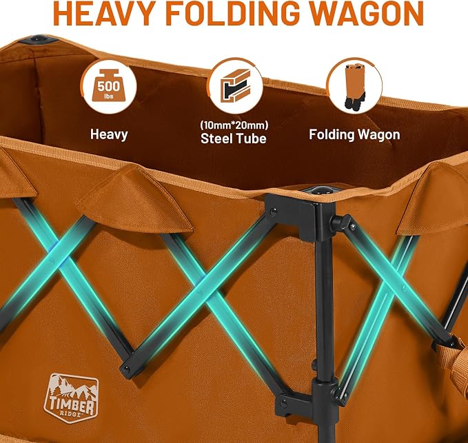 TIMBER RIDGE Outdoor Collapsible Folding Wagon with Brakes and Cup Holders, 500lbs Heavy Duty All Terrain Wheels Utility Cart for Shopping Camping Garden Sports, Orange