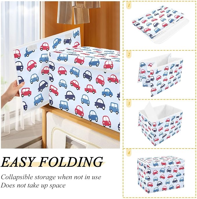 Storage Bins with Lid Toy Car Foldable Storage Boxes 40L Baskets | Decorative Storage Boxes, 300D Oxford Cloth, Hollow Board Frame, Flip Top Velcro Lid, 16.5x12.6x11.8 inch, Collapsible Design