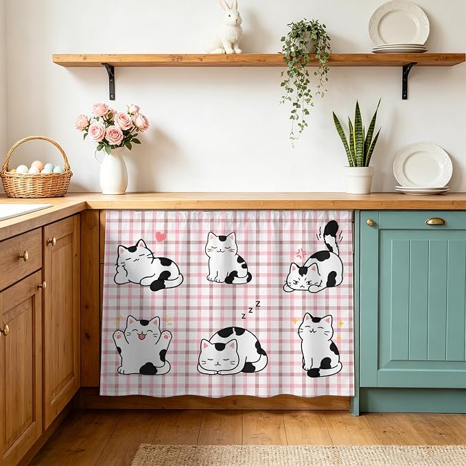Cute Cat Sink Skirt 11"Wx13"L,Dustproof Under Sink Curtain with Self Adhesive Tape,Modern Playful Pet Cats Pink Brown Plaid Cabinet Curtain Cover for Bathroom Vanity,RV,Kitchen Cabinet Storage Shelf