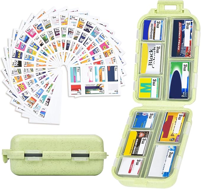 Large Travel Pill Organizer with 189 Labels, Travel Pill Box Pill Case with Labels 7 Day Travel Medicine Organizer Purse Accessories (Yellow, 1 Pack)