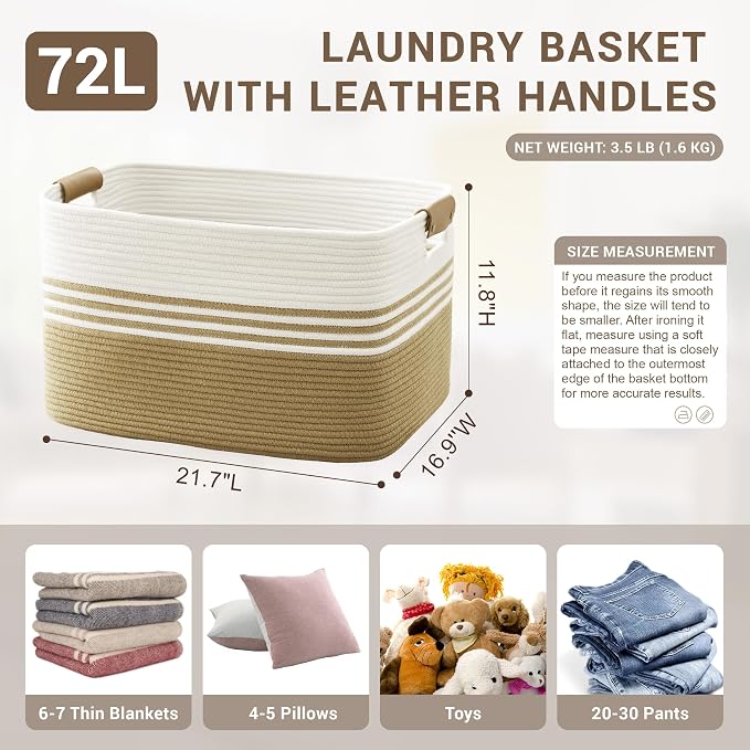 72L Large Woven Laundry Basket Hamper with Leather Handles,Khaki | collapsible wicker hamper, storage for dirty clothes, toys, blankets, gifts, living room, bedroom, bathroom, 22"x17"x12"