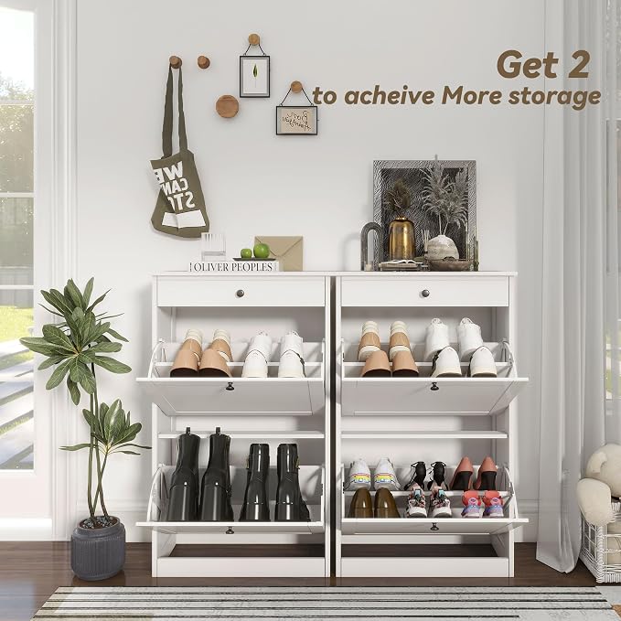 FTZxHKLX Shoe Cabinet with 2 Flip Drawers, Slim Shoe Storage Cabinet, White | Freestanding Hidden Shoe Organizer with Drawer, Pet-Proof Shoe Storage Organizer for Entryway Living Room Behind The Door