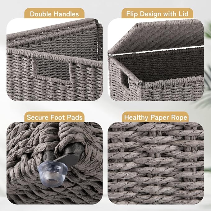 OIAHOMY Laundry Hamper with Lid, 90L(23.8 Gal) Large Wicker Laundry Basket for Bedroom, Handwoven Paper Rope Clothes Hamper with Washable Liner & Metal Frame, Decorative Organizer for Bathroom Grey