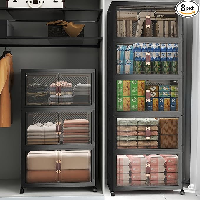 Stackable Storage Bins with Lids, 960QT Lockable Storage Cabinet | Folding Storage Box with Doors and Wheels, Collapsible Plastic Drawers for Home, Garage, Office