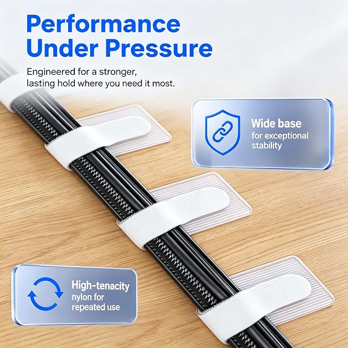 50 Pack Hook and Loop Cable Straps, Adhesive Cord Ties for Under Desk Cable Management, Reusable Cord Organizer for Computer Wire Management, Home Office, White
