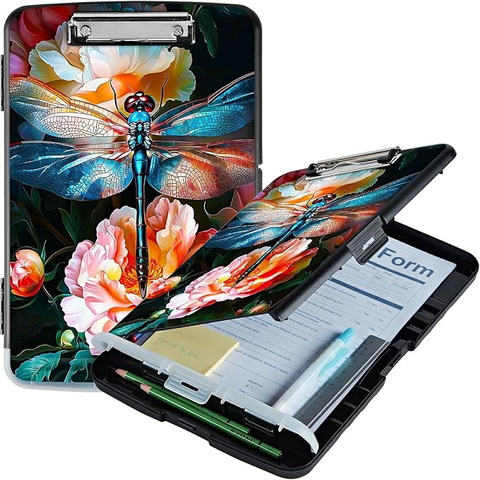 Peony Dragonfly A4 Clipboard with Storage Pen Holder, Clipboards Organizer Nursing Clipboard Foldable File Folder Plastic Clipboard Folio Clip Board for Office Students Classroom Doctor